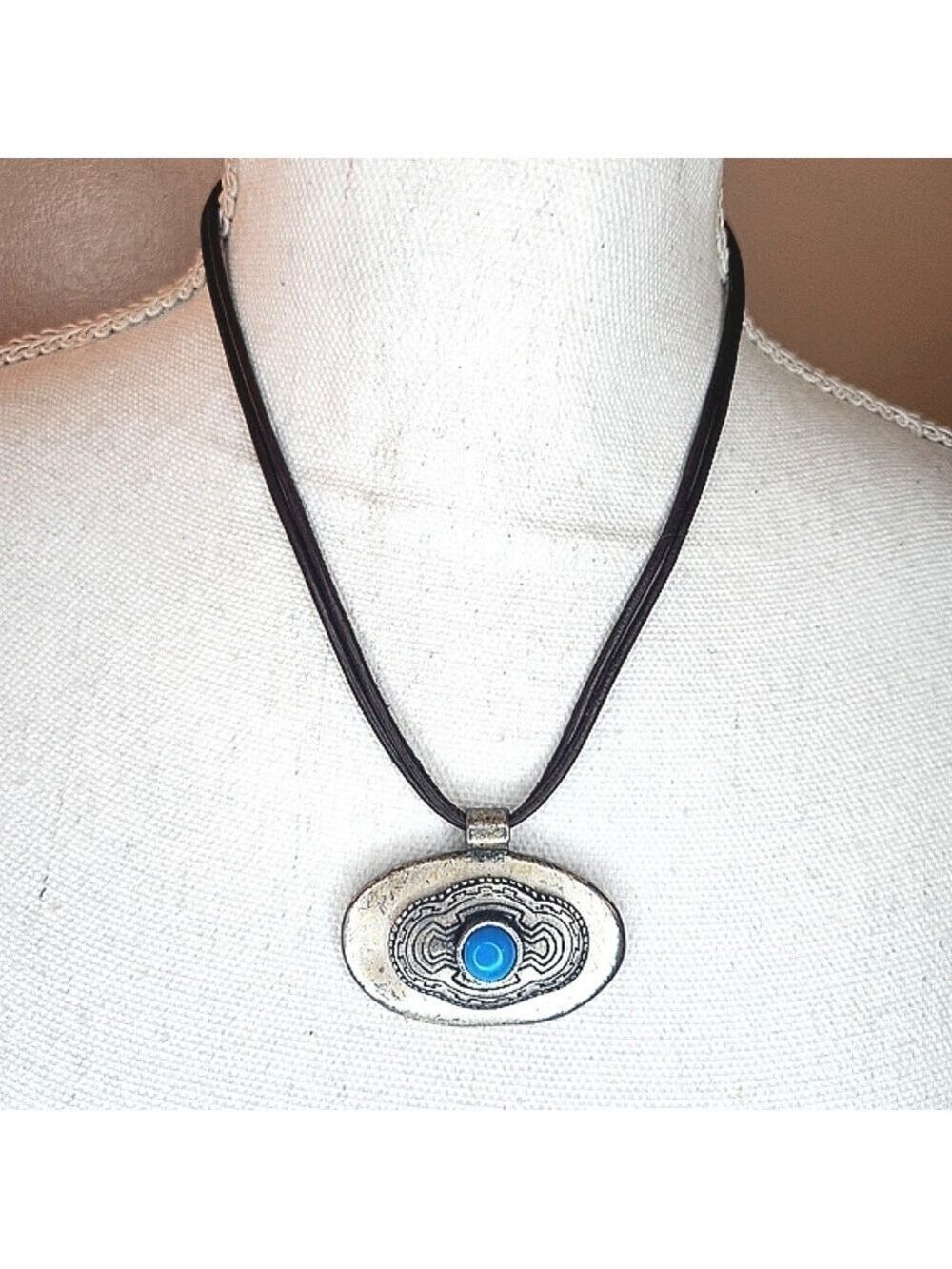 ​Chico's Silver Tone Oval Pendant Necklace Blue Stone Accent Multi Cord 16"